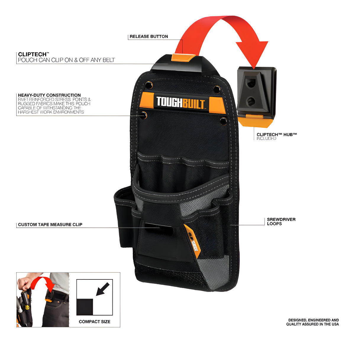 Coleto Tecnico 11 Bolsillos Cliptech Toughbuilt Tb-ct-22 Color Negro